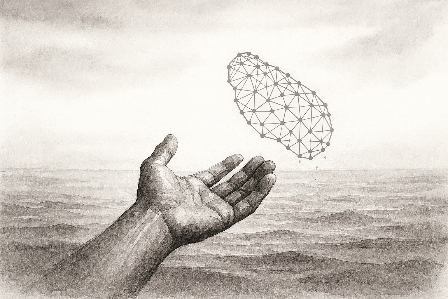 Hand throwing away a digital network into the sea. Watercolor