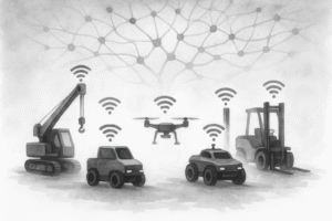 A minimalistic black and white watercolor illustration that captures the essence of robotic collective intelligence. The scene should depict a group of robots—not humanoid, but industrial in form—moving in seamless, synchronized formation. Their shapes should evoke utility: cranes, forklifts, drones, or ground units, portrayed with soft shadowing and blurred edges to suggest coordinated motion rather than individual identity. Above or around them, subtle watercolor lines should form a faint grid or neural pattern, hinting at a shared logic or invisible coordination layer. There must be no wires or screens—just gesture, flow, and connection through presence. The atmosphere should feel calm, inevitable, and slightly surreal.