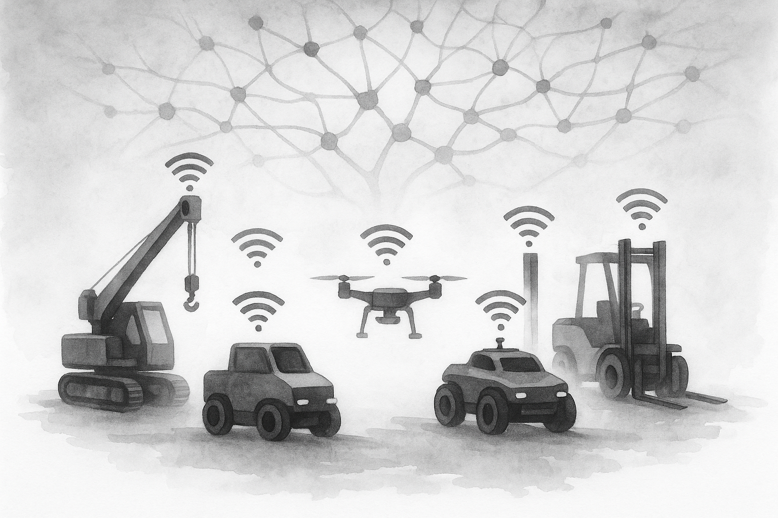 A minimalistic black and white watercolor illustration that captures the essence of robotic collective intelligence. The scene should depict a group of robots—not humanoid, but industrial in form—moving in seamless, synchronized formation. Their shapes should evoke utility: cranes, forklifts, drones, or ground units, portrayed with soft shadowing and blurred edges to suggest coordinated motion rather than individual identity. Above or around them, subtle watercolor lines should form a faint grid or neural pattern, hinting at a shared logic or invisible coordination layer. There must be no wires or screens—just gesture, flow, and connection through presence. The atmosphere should feel calm, inevitable, and slightly surreal.