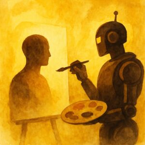 A minimalist yellow watercolor painting showing a human silhouette watching a robot painting him on a the canvas. The scene suggests reflection on creativity, technology, and the shifting balance between human meaning and machine intelligence.