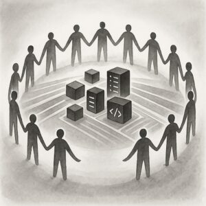 Minimalistic black-and-white watercolor. In the center, stylized farmland with geometric AI infrastructure—abstract cubes, code lines, or glowing server silhouettes—spread across open fields. Around this land, a circle of simplified human figures, holding hands, forms a continuous perimeter. Their forms are minimal—no facial features, just outlines—emphasizing unity and cooperation. The humans stand at equal distances, symbolizing distributed, collective control and stewardship. Beyond the circle, the background fades into soft gradients, evoking calm and peace. The AI elements remain contained within the circle, harmonized by human presence, never dominant. The overall composition must convey balance, mutual care, and the quiet power of people working together to guide, not surrender to, technology.