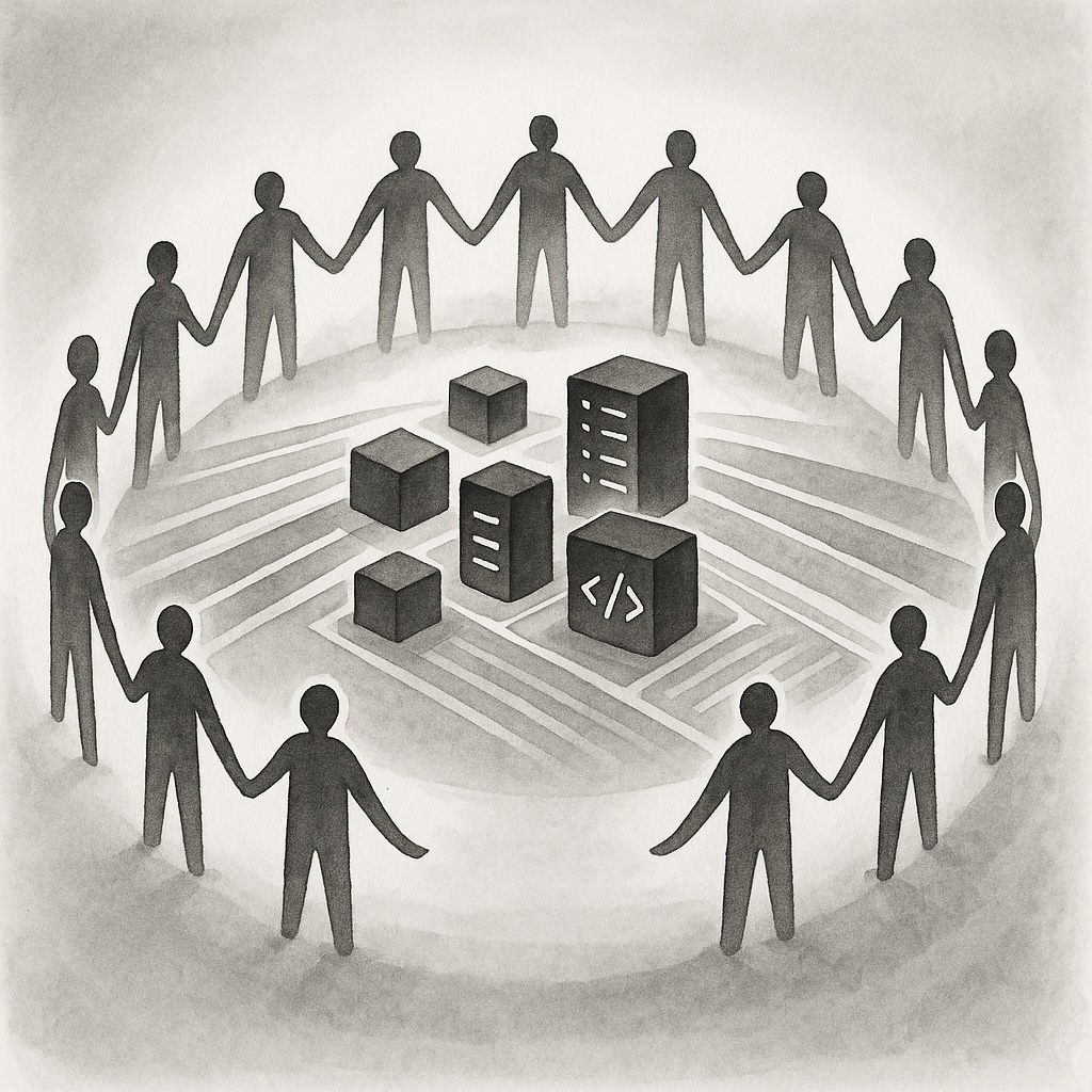 Minimalistic black-and-white watercolor. In the center, stylized farmland with geometric AI infrastructure—abstract cubes, code lines, or glowing server silhouettes—spread across open fields. Around this land, a circle of simplified human figures, holding hands, forms a continuous perimeter. Their forms are minimal—no facial features, just outlines—emphasizing unity and cooperation. The humans stand at equal distances, symbolizing distributed, collective control and stewardship. Beyond the circle, the background fades into soft gradients, evoking calm and peace. The AI elements remain contained within the circle, harmonized by human presence, never dominant. The overall composition must convey balance, mutual care, and the quiet power of people working together to guide, not surrender to, technology.