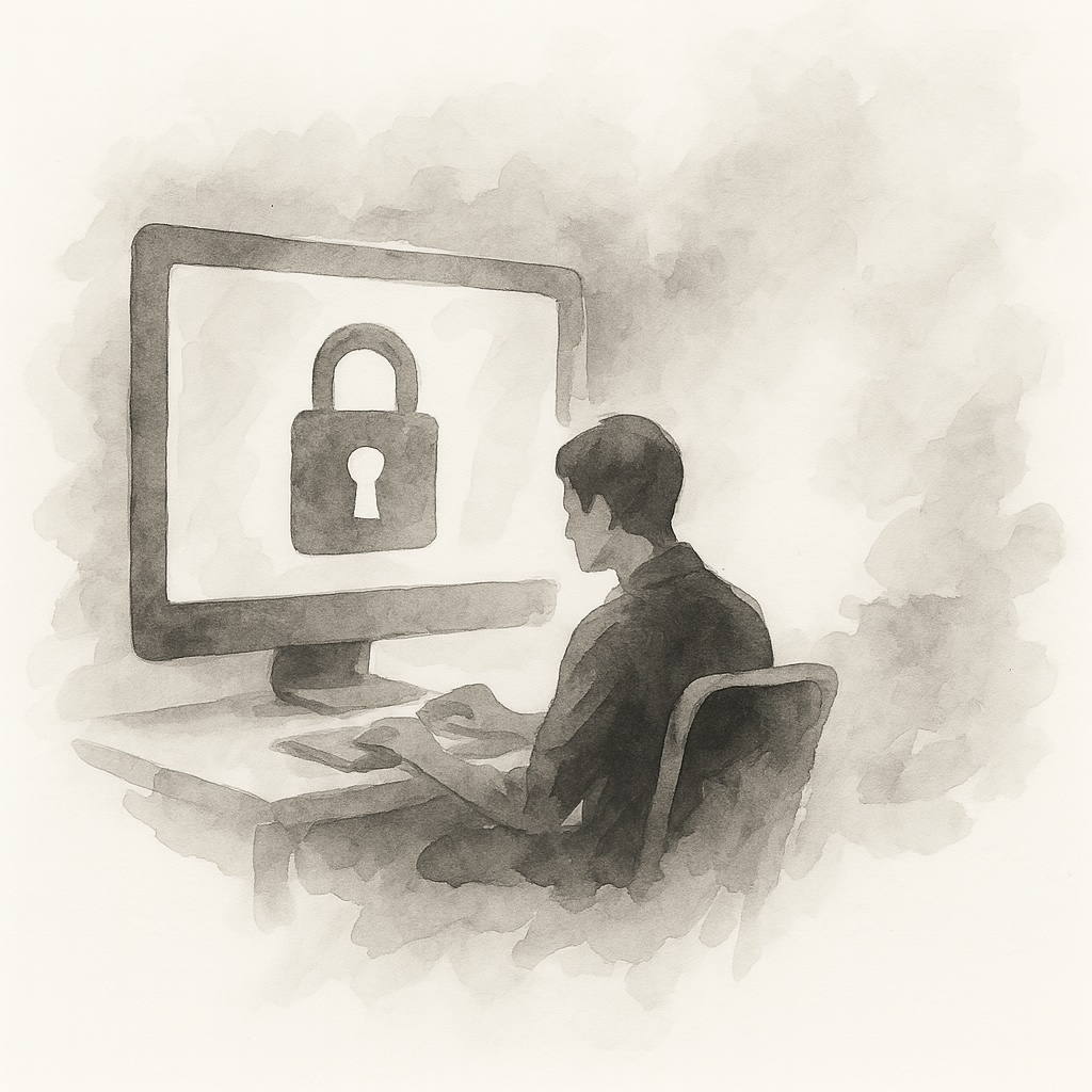 Minimalist black and white watercolor painting of a person working at a large desk with abstract data sheets and digital signals dissolving into the background, suggesting decision-making and information flow.