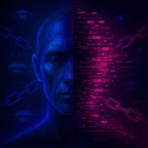 A minimalistic black and white watercolor illustration that evokes the collision between human vulnerability and digital duplication. In the foreground, depict a blurred, indistinct face - part human, part synthetic - split down the middle. The left side should feel organic, suggestive of age and emotion, while the right side morphs into abstract, fragmented data streams dissolving into the background.